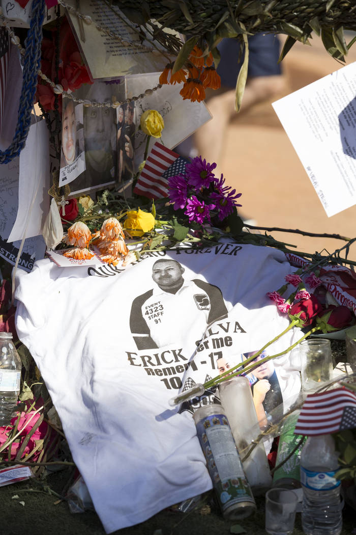 The cross of Erick Silva, 21, of Las Vegas at a memorial for Route 91 Harvest shooting victims at the Welcome to Fabulous Las Vegas sign, Sunday, Oct. 15, 2017. Richard Brian Las Vegas Review-Jour ...