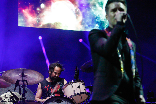 Ronnie Vannucci, left, and Brandon Flowers of The Killers performs during the grand opening of the T-Mobile Arena in Las Vegas on Wednesday, April 6, 2016. Chase Stevens/Las Vegas Review-Journal F ...