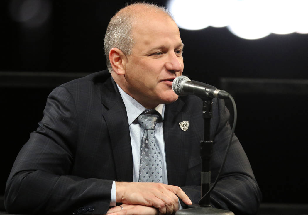 Oakland Raiders president Marc Badain answers questions from the media during a news conference at the team's groundbreaking ceremony in Las Vegas, Monday, Nov. 13, 2017. Heidi Fang Las Vegas Revi ...