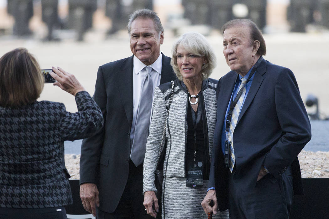 Former Raiders players Jim Plunkett, from left, with his wife Gerry, and Fred Biletnikoff, during the Raiders groundbreaking event in Las Vegas, Monday, Nov. 13, 2017. Erik Verduzco Las Vegas Revi ...
