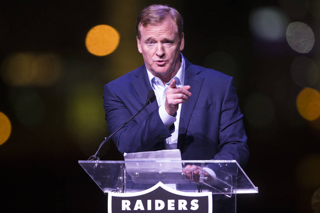NFL Commissioner Roger Goodell during the Raiders stadium groundbreaking ceremony in Las Vegas, Monday, Nov. 13, 2017. Erik Verduzco Las Vegas Review-Journal @Erik_Verduzco