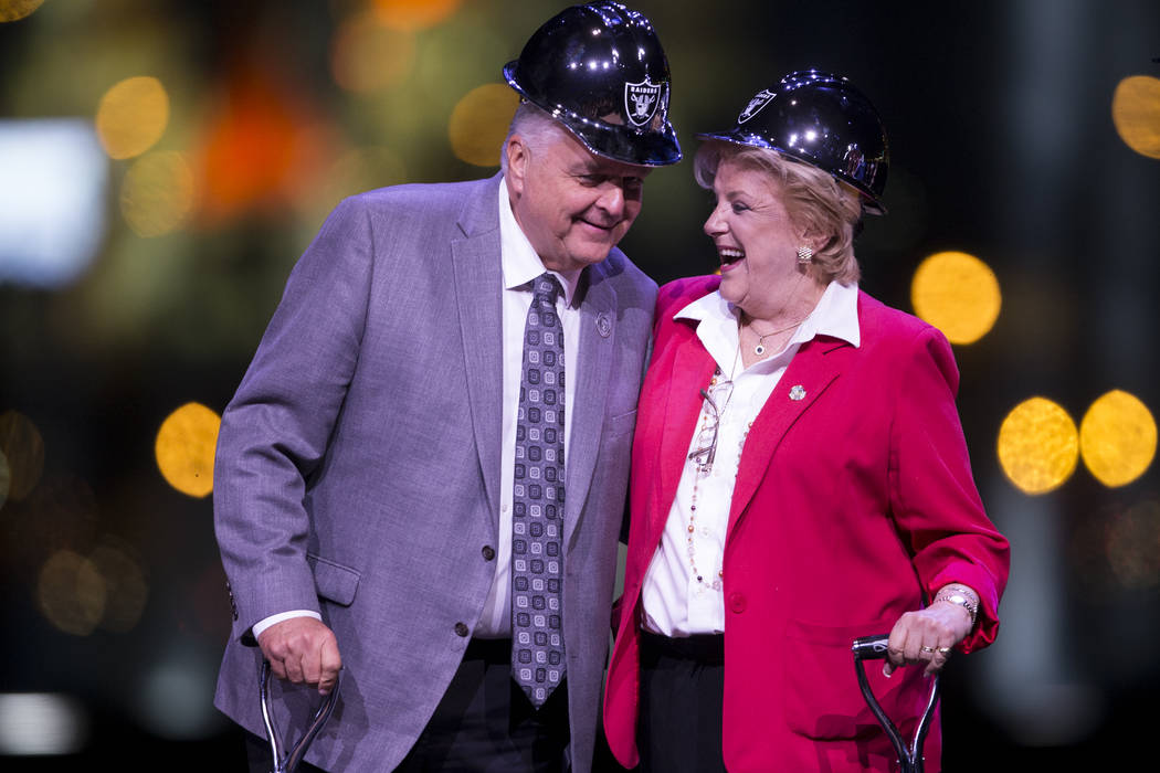 Clark County Commissioner Steve Sisolak, left, and Las Vegas Mayor Carolyn Goodman, during the Raiders stadium groundbreaking ceremony in Las Vegas, Monday, Nov. 13, 2017. Erik Verduzco Las Vegas  ...