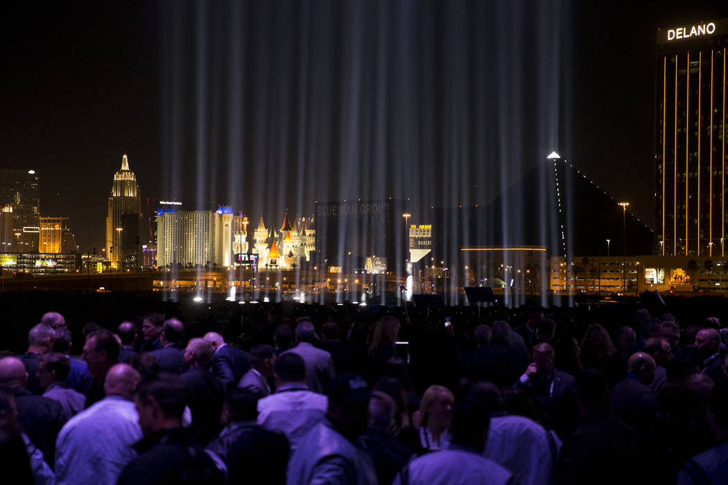 A light for each person who died in the mass shooting illuminates the sky during the Raiders stadium groundbreaking ceremony in Las Vegas, Monday, Nov. 13, 2017. Erik Verduzco Las Vegas Review-Jou ...
