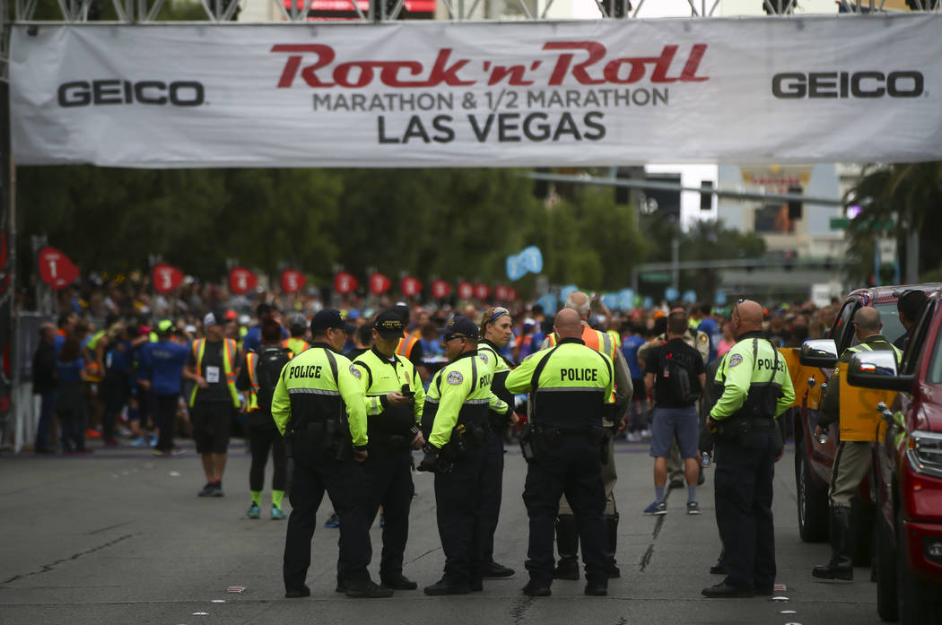 Henderson police officers gather at the start line of the Rock 'n' Roll Marathon in Las Vegas on Sunday, Nov. 12, 2017. Chase Stevens Las Vegas Review-Journal @csstevensphoto