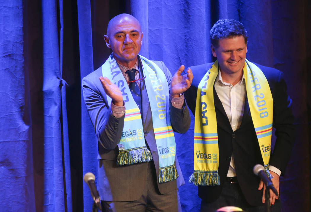Jose Luis Sanchez Sola, also known as as Chelis, is introduced as coach by Las Vegas Lights FC owner Brett Lashbrook at Inspire Theater in downtown Las Vegas on Tuesday, Nov. 14, 2017. The new tea ...