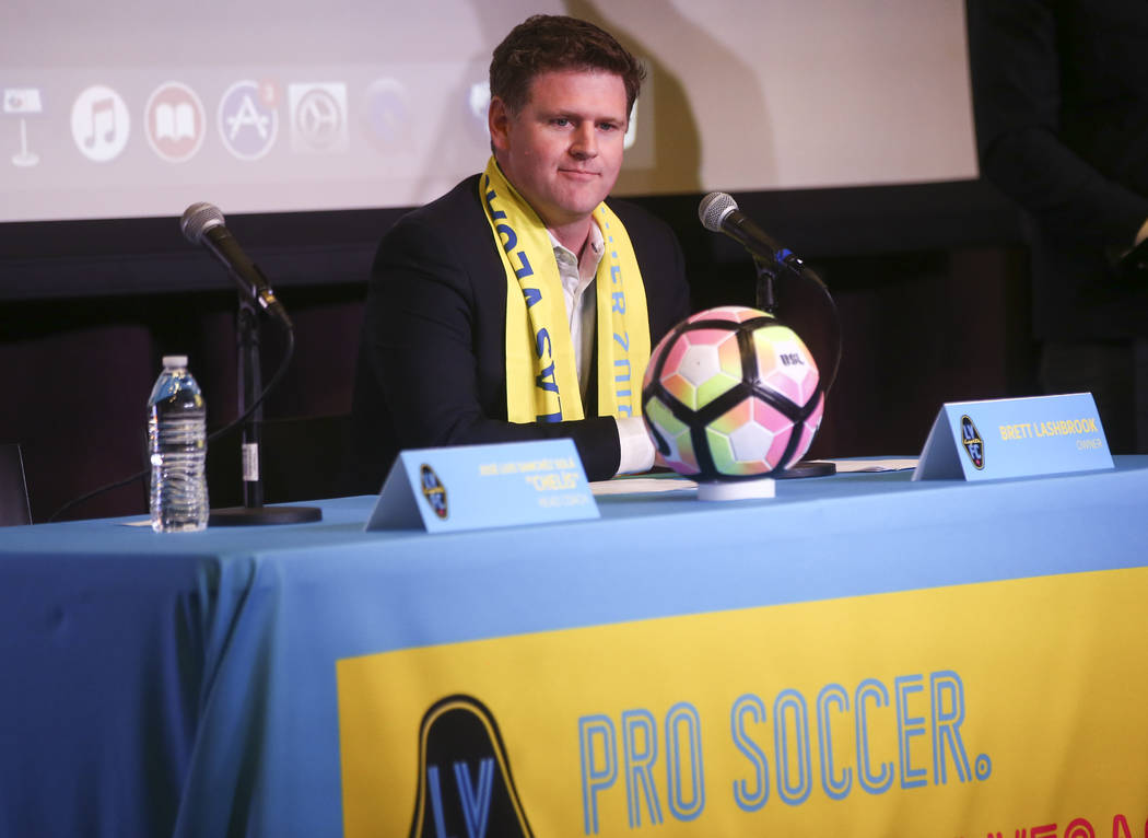 Las Vegas Lights FC owner Brett Lashbrook introduces Jose Luis Sanchez Sola, also known as as Chelis, as the team's first coach at Inspire Theater in downtown Las Vegas on Tuesday, Nov. 14, 2017. ...