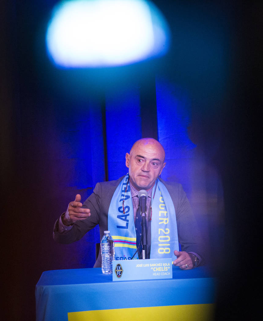 Jose Luis Sanchez Sola, also known as as Chelis, speaks during his first press conference as coach of the Las Vegas Lights FC at Inspire Theater in downtown Las Vegas on Tuesday, Nov. 14, 2017. Th ...