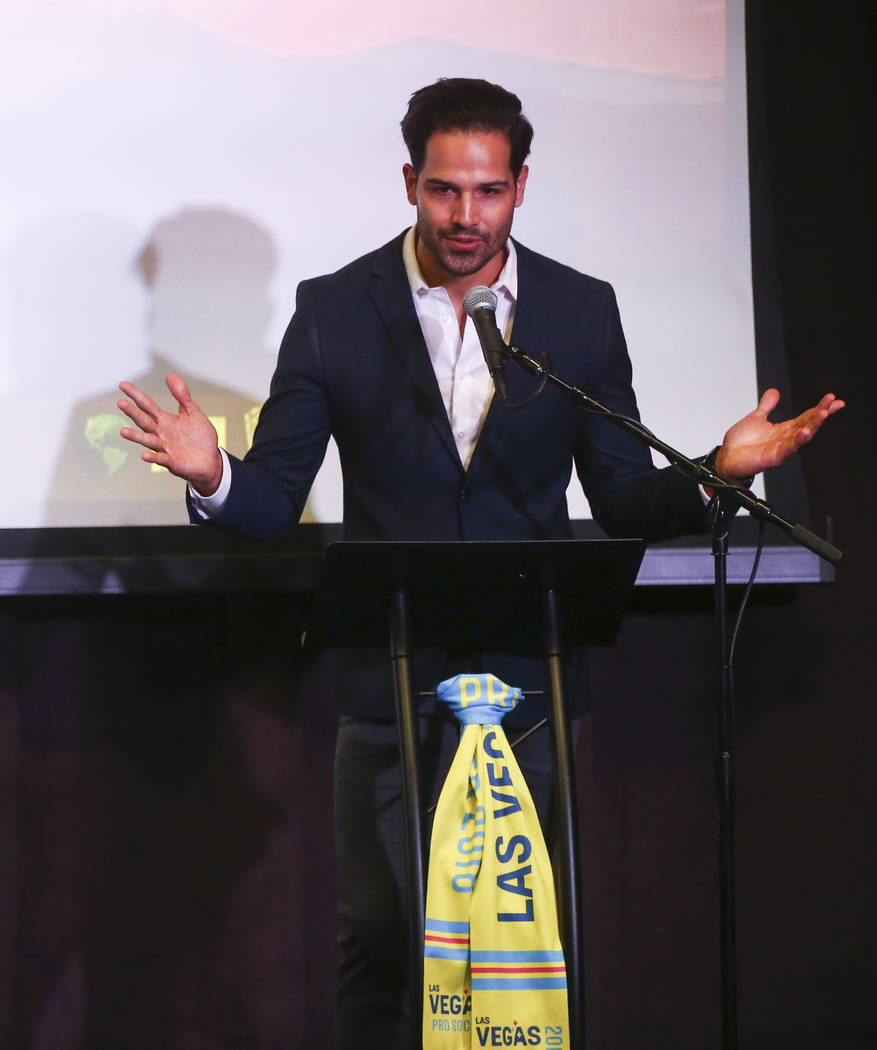 Ricardo Laguna helps introduce Jose Luis Sanchez Sola, also known as as Chelis, as coach of the Las Vegas Lights FC at Inspire Theater in downtown Las Vegas on Tuesday, Nov. 14, 2017. The new team ...