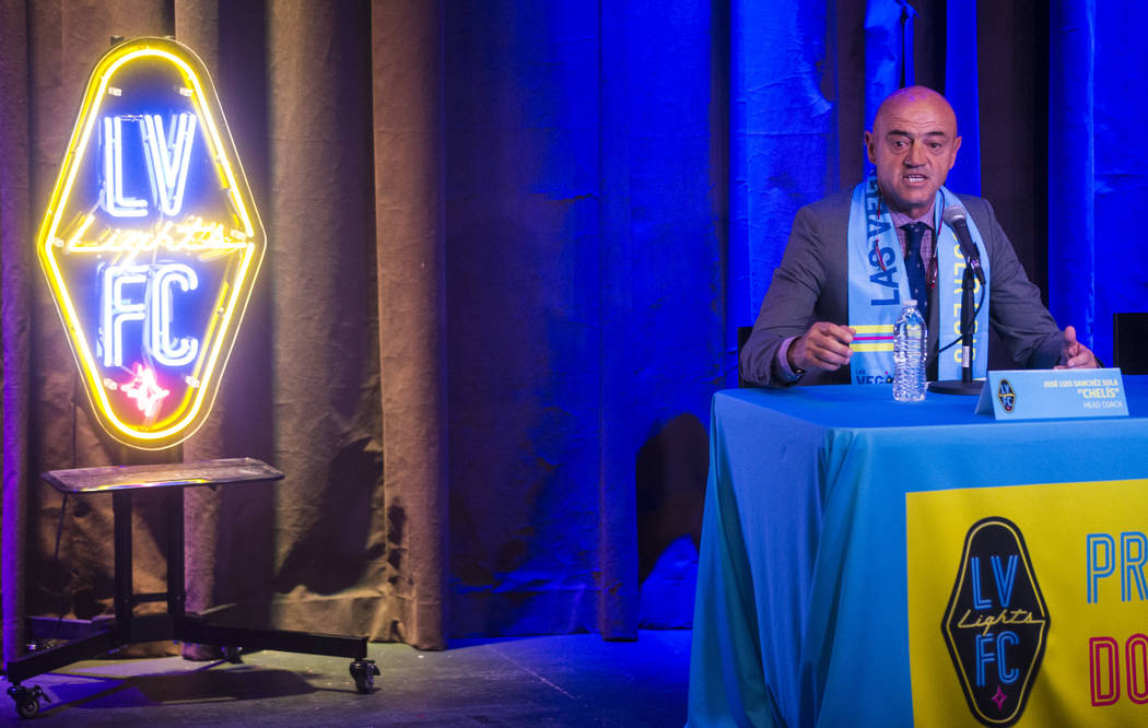 Jose Luis Sanchez Sola, also known as as Chelis, speaks during his first press conference as coach of the Las Vegas Lights FC at Inspire Theater in downtown Las Vegas on Tuesday, Nov. 14, 2017. Th ...