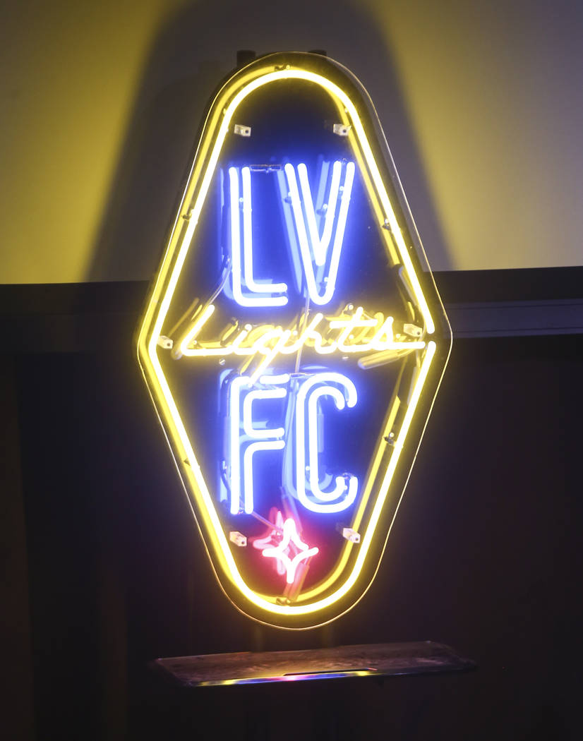 A neon sign of the Las Vegas Lights FC logo at Inspire Theater in downtown Las Vegas on Tuesday, Nov. 14, 2017. The new team, part of the United Soccer League, is slated to play at Cashman Field i ...