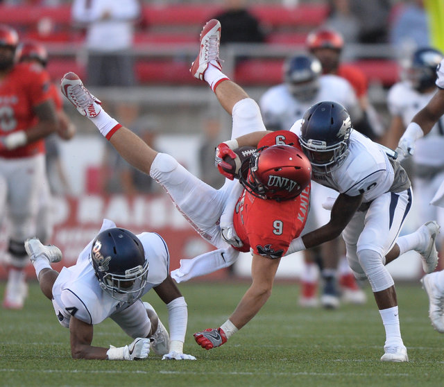 UNLV Rebels tight end Trevor Kanteman (9) is tossed into the air during the UNLV Nevada football game at Sam Boyd Stadium in Las Vegas on Saturday, Nov. 26, 2016. Brett Le Blanc/Las Vegas Review-J ...