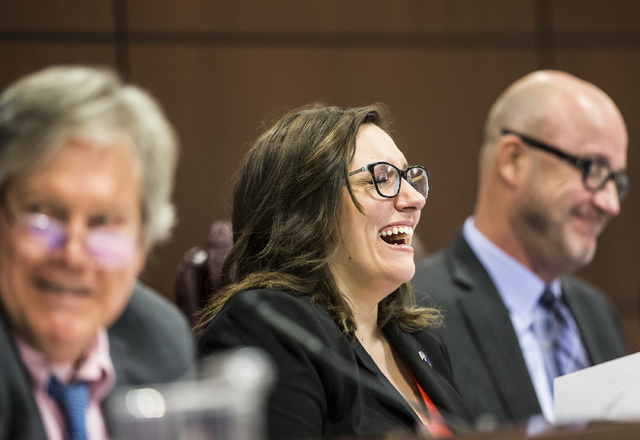 Sen. Nicole Cannizzaro, D-Nev., shares a laugh with colleagues during the first meeting of the Senate Judiciary Committee on the second day of the Nevada Legislative session on Tuesday, Feb. 7, 20 ...