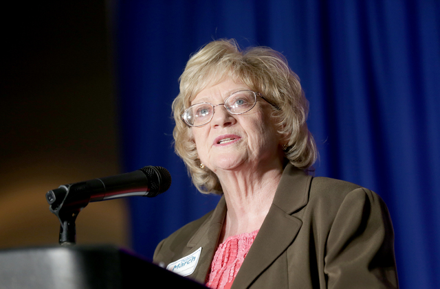 Nevada State Sen. Joyce Woodhouse voices support for Henderson City Councilwoman Debra March at a campaign launch event for her bid as mayor of Henderson at the Henderson Convention Center on Thur ...