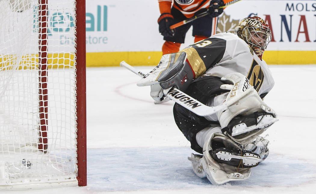 Vegas Golden Knights goalie Maxime Lagace (33) is scored on by the Edmonton Oilers during the second period of an NHL hockey game Tuesday, Nov. 14, 2017, in Edmonton, Alberta. (Jason Franson/The C ...