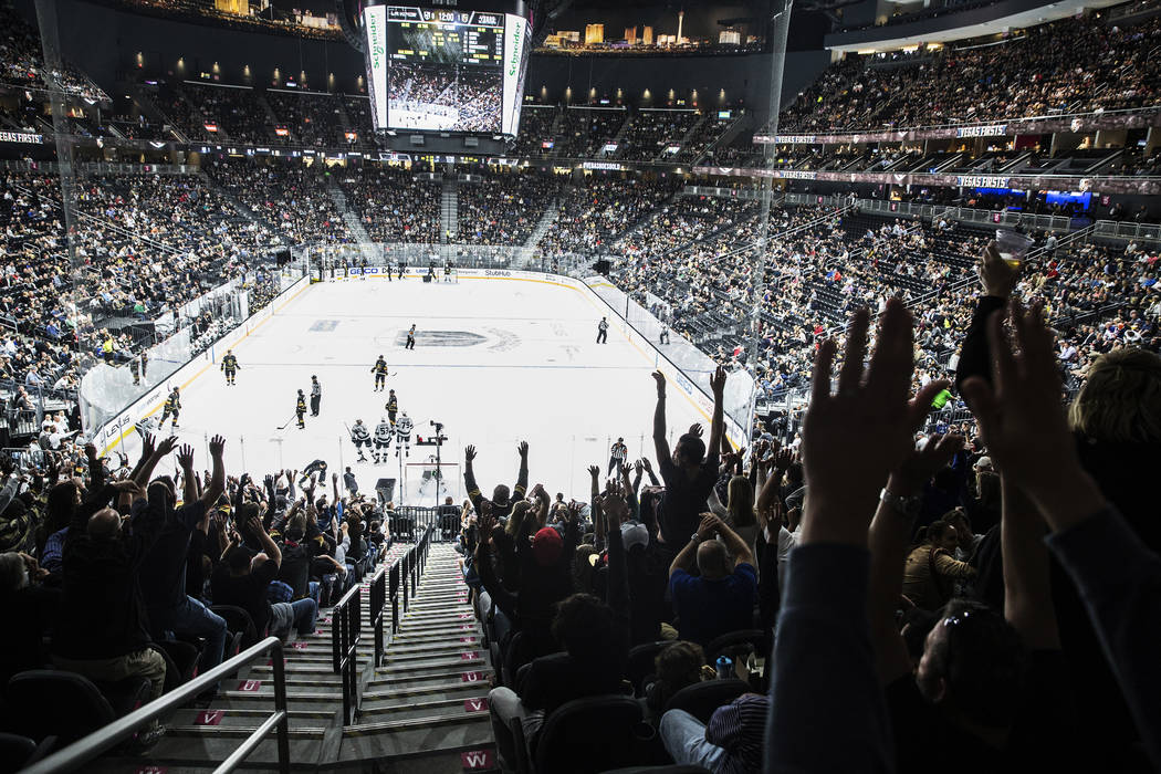 Fans do the wave during the first period of the Vegas Golden Knights first home preseason game with the Los Angeles Kings on Wednesday, Sept. 26, 2017, at T-Mobile Arena, in Las Vegas. Benjamin Ha ...