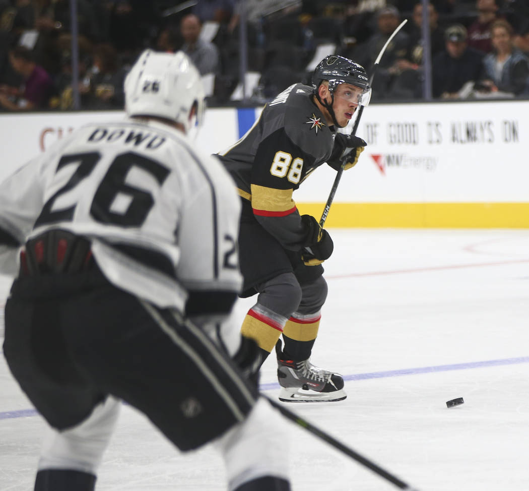 Golden Knights Nate Schmidt (88) guides the puck against  the Los Angeles Kings during an NHL preseason hockey game at T-Mobile Arena in Las Vegas on Tuesday, Sept. 26, 2017. Chase Stevens Las Veg ...