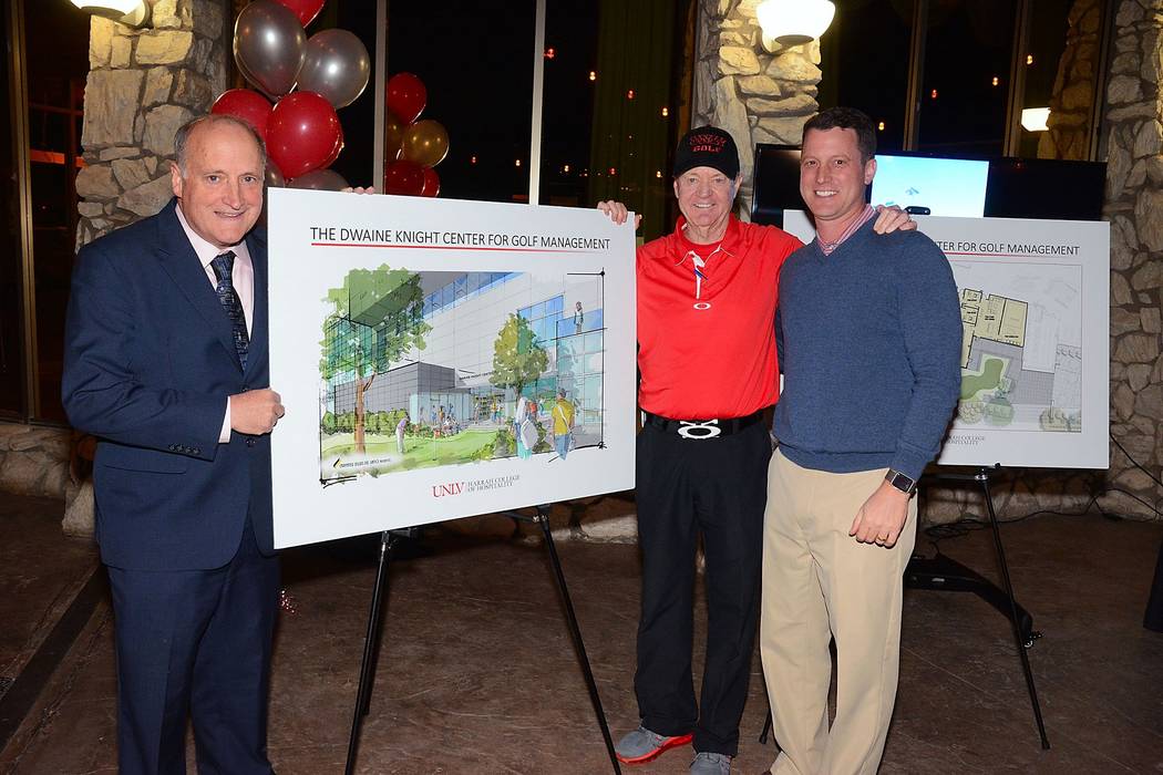 Harrah College of Hospitality Dean, Dr. Stowe Shoemaker (left), UNLV men's head golf coach Dwaine Knight, and professional golf management director, Dr. Chris Cain (right), reveal the new Dwaine K ...