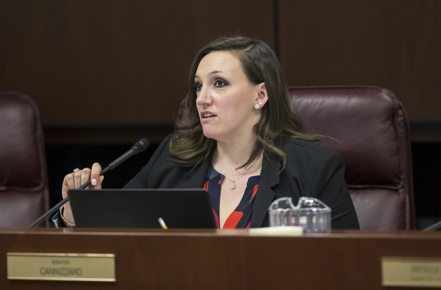 Sen. Nicole Cannizzaro, D-Las Vegas, listens to testimony during the Nevada Legislative session on Thursday, Feb. 9, 2017, in Carson City. (Benjamin Hager/Las Vegas Review-Journal) @benjaminhphoto