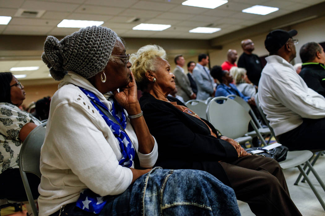 Lavalle Moore, 77, left, and Myrtle L. Wilson, 75, right, listen during a town hall meeting at the Pearson Community Center discussing the future of the Moulin Rouge site in Las Vegas, Thursday, N ...