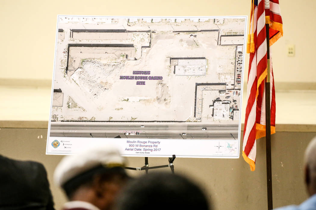 A diagram laying out the site of the Moulin Rouge is displayed during a town hall meeting at the Pearson Community Center in Las Vegas, Thursday, Nov. 16, 2017. Joel Angel Juarez Las Vegas Review- ...