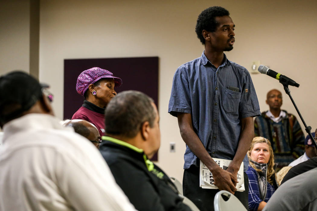 Johnson John Lester, 34, of Las Vegas, speaks during a town hall meeting at the Pearson Community Center discussing the future of the Moulin Rouge site in Las Vegas, Thursday, Nov. 16, 2017. Joel  ...