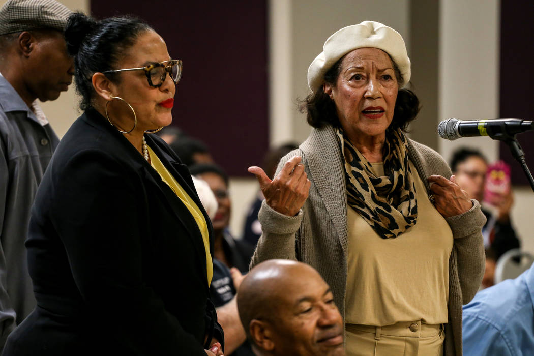 Anna Bailey, 90, right, a former dancer at the Moulin Rouge, speaks during a town hall meeting at the Pearson Community Center discussing the future of the Moulin Rouge site in Las Vegas, Thursday ...