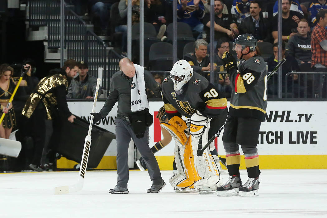 Vegas Golden Knights goalie Malcolm Subban (30) is helped off the ice during a game against St. Louis Blues at T-Mobile Arena in Las Vegas, Saturday, Oct. 21, 2017. Vegas Golden Knights won 3-2 in ...