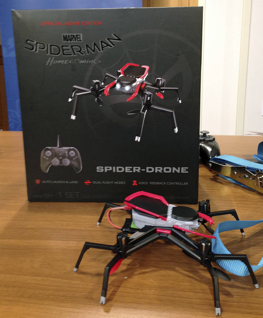 A remote-controlled Spider-Man drone is displayed during a news conference Tuesday, Nov. 14, 2017, in Boston, where the child safety group World Against Toys Causing Harm, or W.A.T.C.H., released  ...