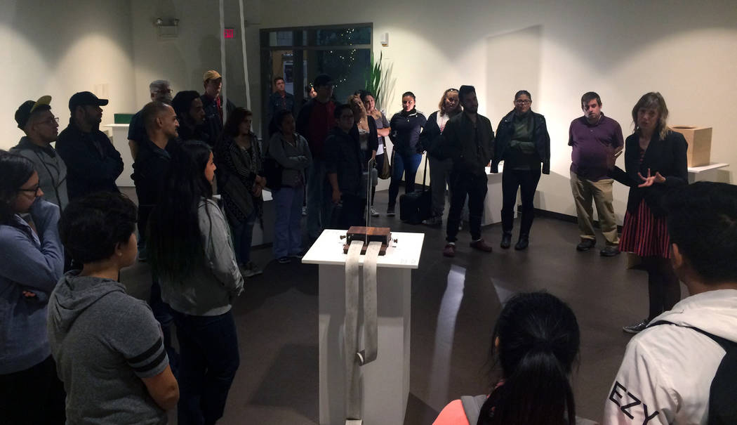 San Diego artist Margaret Noble talks about her exhibition "Resonating Sounds" during reception in the fine arts gallery on Nov. 9, 2017 at CSN's North Las Vegas campus, 3200 E. Cheyenne Ave. (Cou ...