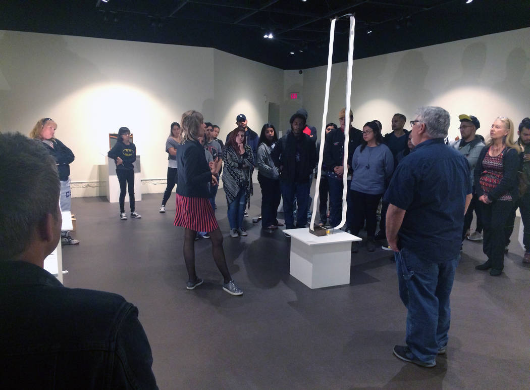 San Diego artist Margaret Noble talks about her exhibition "Resonating Sounds" during reception in the fine arts gallery on Nov. 9, 2017 at CSN's North Las Vegas campus, 3200 E. Cheyenne Ave. (Cou ...