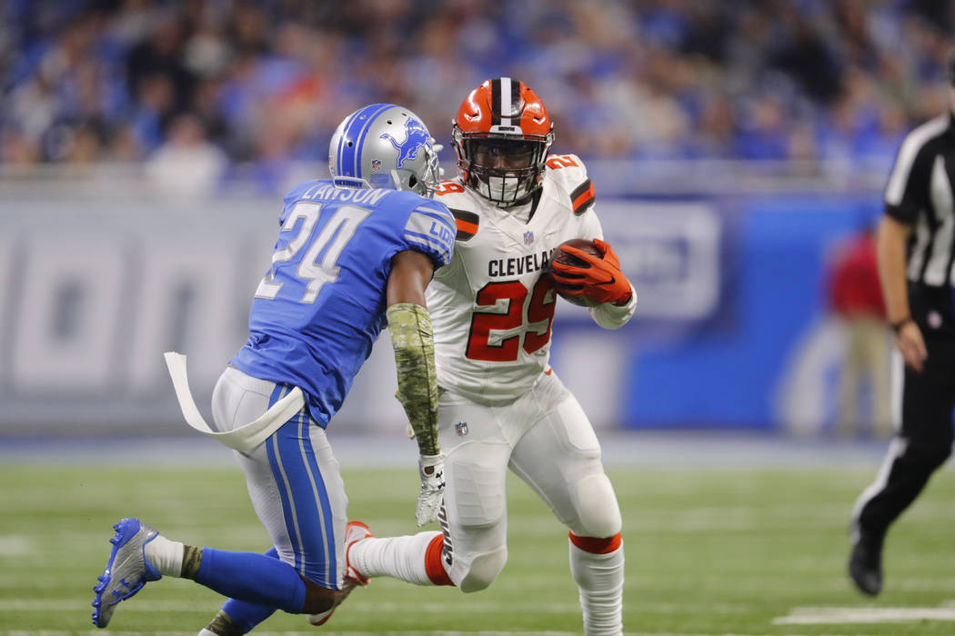 Cleveland Browns running back Duke Johnson (29) runs against the Detroit Lions during an NFL football game in Detroit, Sunday, Nov. 12, 2017. (AP Photo/Paul Sancya)