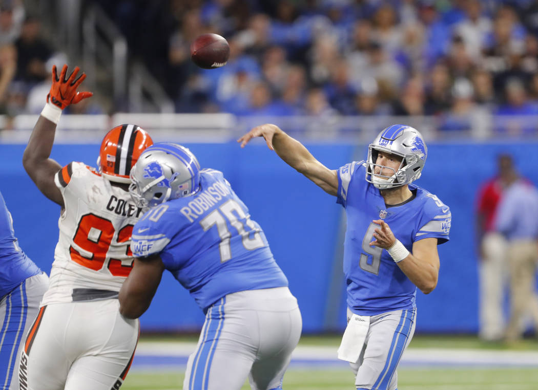 Detroit Lions quarterback Matthew Stafford (9) throws against the Cleveland Browns during an NFL football game in Detroit, Sunday, Nov. 12, 2017. (AP Photo/Paul Sancya)