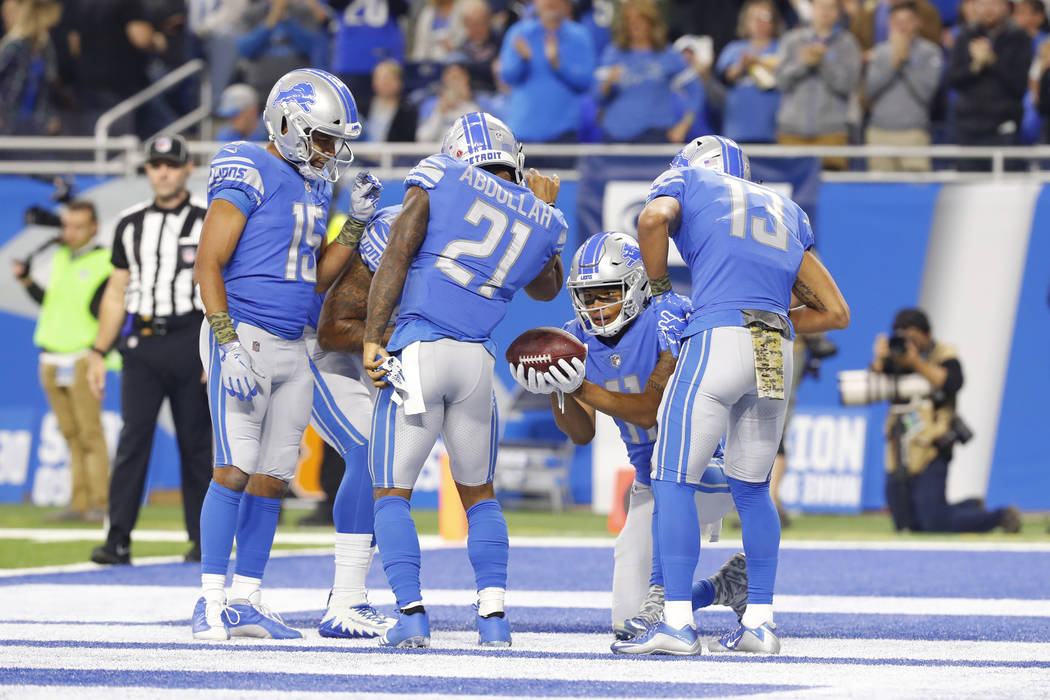 Detroit Lions running back Ameer Abdullah (21) celebrates his touchdown against the Cleveland Browns during an NFL football game in Detroit, Sunday, Nov. 12, 2017. (AP Photo/Paul Sancya)