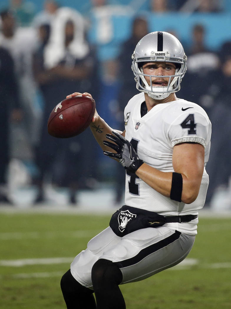 Oakland Raiders quarterback Derek Carr (4) looks to pass, during the first half of an NFL football game against the Miami Dolphins, Sunday, Nov. 5, 2017, in Miami Gardens, Fla. (AP Photo/Wilfredo Lee)