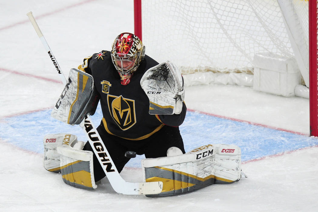 Vegas Golden Knights goalie Maxime Lagace makes a save against the Winnipeg Jets in the third period of their NHL hockey game at T-Mobile Arena in Las Vegas Friday November 10, 2017. Josh Holmberg ...