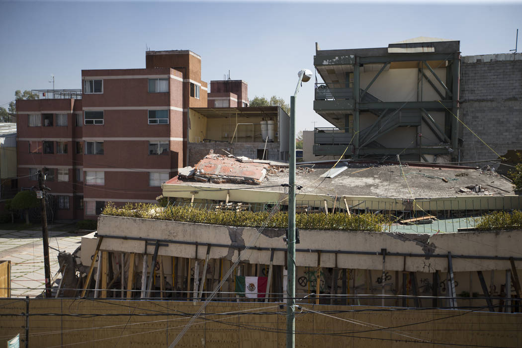 The Colegio Enrique Rebsamen elementary school, which collapsed during the Sept. 19 earthquake in Mexico City, Mexico, Friday, Nov. 17, 2017. Nineteen children died in the  school collapse. Erik V ...