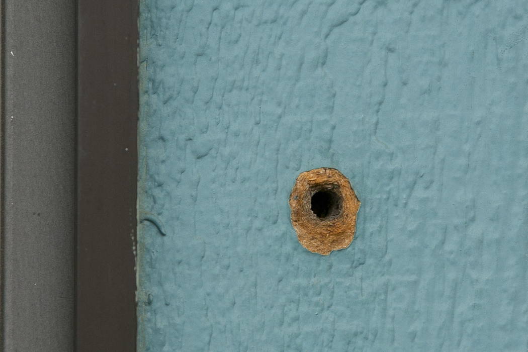 One of the bullet holes is seen in an exterior wall at the Rancho Tehama Elementary School, Wednesday, Nov. 15, 2017, from gunman Kevin Janson Neal's shooting rampage at Rancho Tehama Reserve, Cal ...