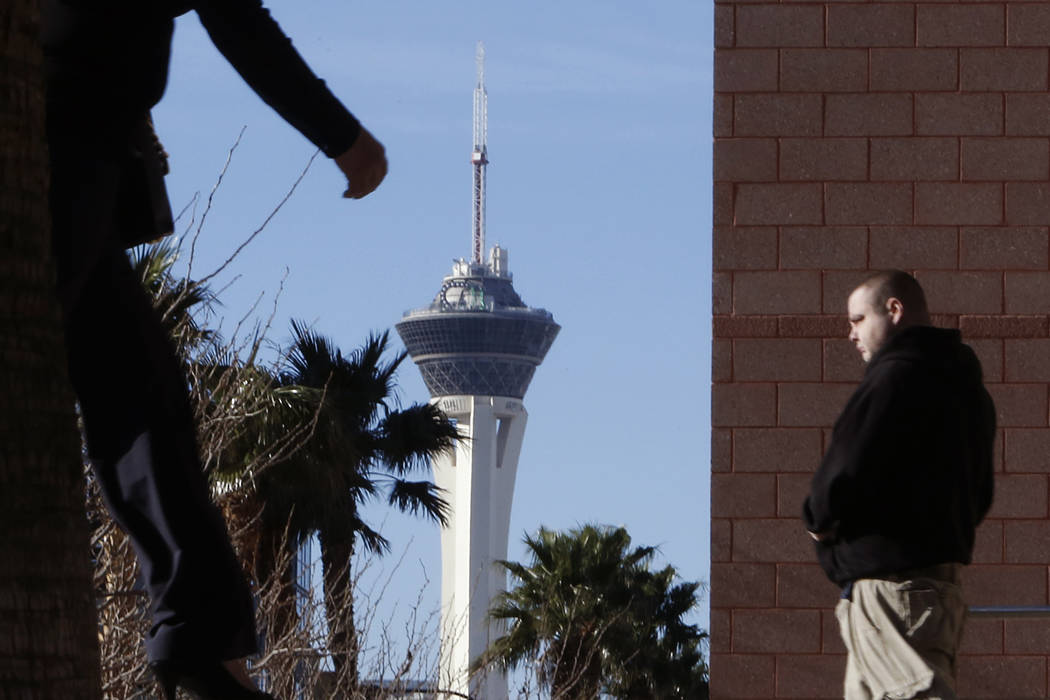 The Stratosphere tower under the blue sky as seen from Louis Avenue on sunny but cold Tuesday morning, March 7, 2017, in Las Vegas. (Bizuayehu Tesfaye/Las Vegas Review-Journal) @bizutesfaye