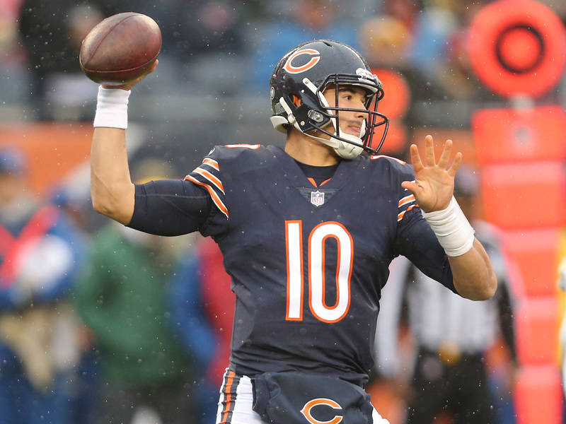 Nov 12, 2017; Chicago, IL, USA; Chicago Bears quarterback Mitchell Trubisky (10) throws a pass during the first quarter against the Green Bay Packers at Soldier Field. Mandatory Credit: Dennis Wie ...