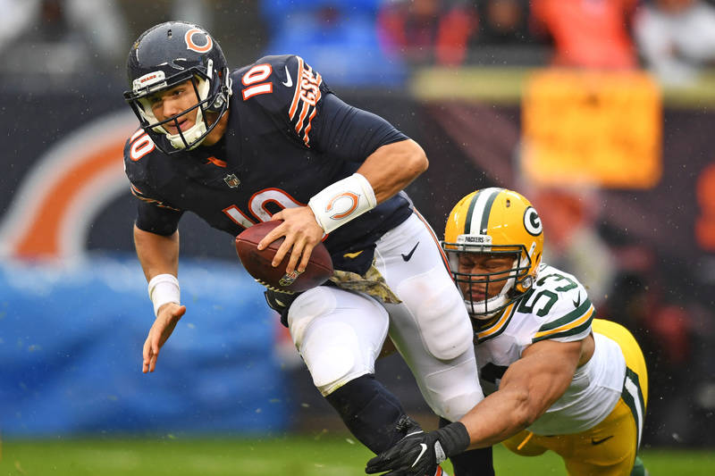 Nov 12, 2017; Chicago, IL, USA; Green Bay Packers outside linebacker Nick Perry (53) sacks Chicago Bears quarterback Mitchell Trubisky (10) during the second half at Soldier Field. The Packers won ...