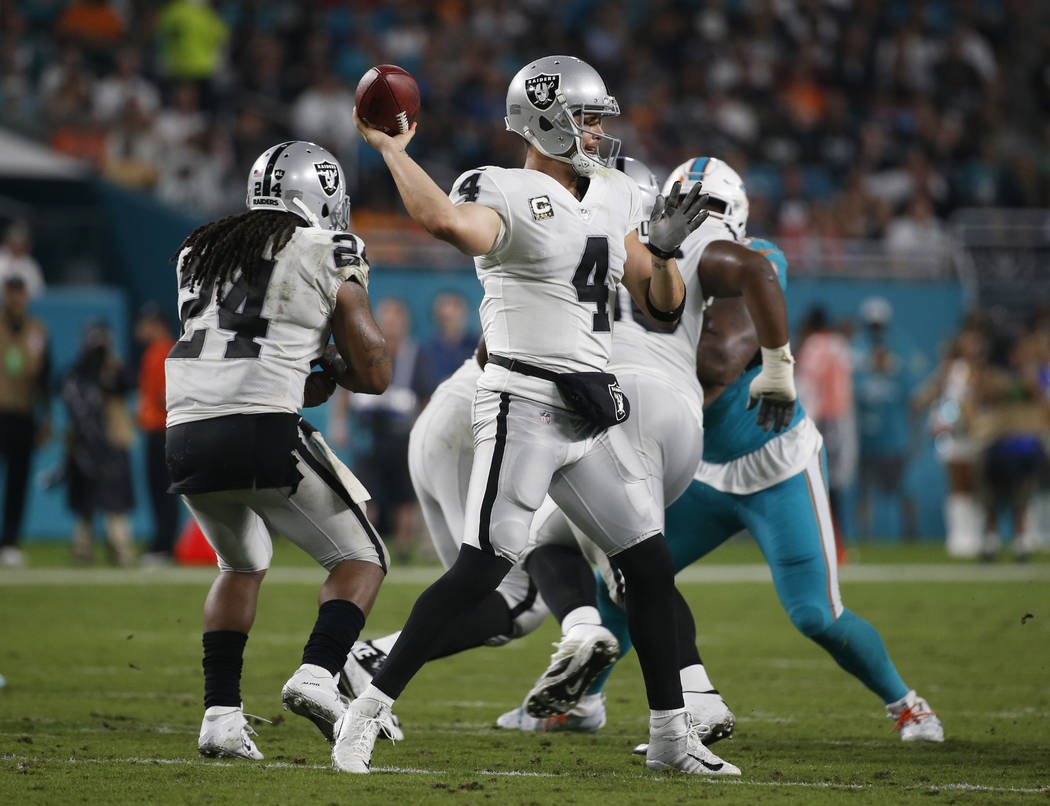 Oakland Raiders quarterback Derek Carr (4) looks to pass, during the first half of an NFL football game against the Miami Dolphins, Sunday, Nov. 5, 2017, in Miami Gardens, Fla. (AP Photo/Wilfredo Lee)