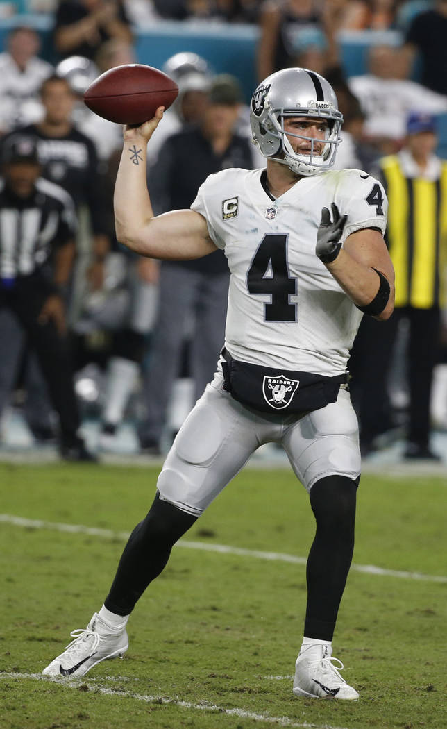 Oakland Raiders quarterback Derek Carr (4) looks to pass, during the second half of an NFL football game against the Miami Dolphins, Sunday, Nov. 5, 2017, in Miami Gardens, Fla. (AP Photo/Wilfredo ...