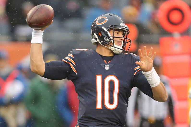 Nov 12, 2017; Chicago, IL, USA; Chicago Bears quarterback Mitchell Trubisky (10) throws a pass during the first quarter against the Green Bay Packers at Soldier Field. Mandatory Credit: Dennis Wie ...