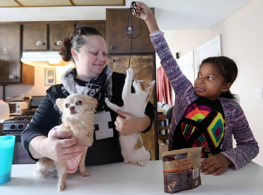 Elena Saccapilltio, left, and her daughter Dahlia Ross, 10, play with their pets in their home in Las Vegas on Tuesday, Nov. 21, 2017.  Elizabeth Brumley Las Vegas Review-Journal @EliPagePhoto