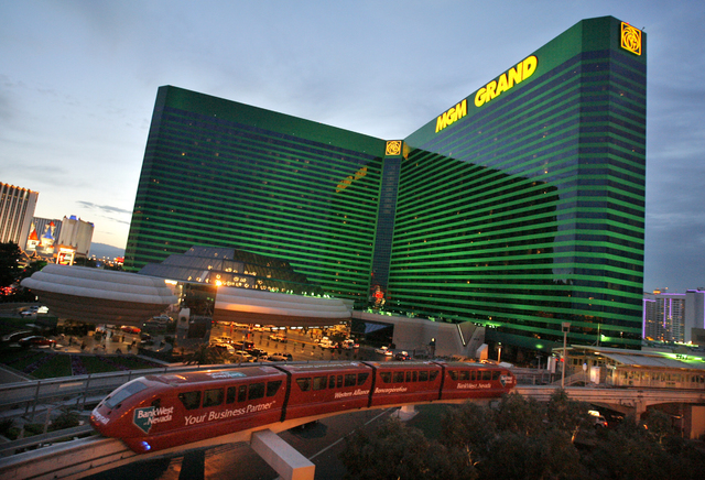 Las Vegas Monorail passes by MGM Grand in Las Vegas, Wednesday, April, 27, 2006. MGM Mirage Inc., the world's second largest casino company, said Thursday its first-quarter profit increased 29 pe ...