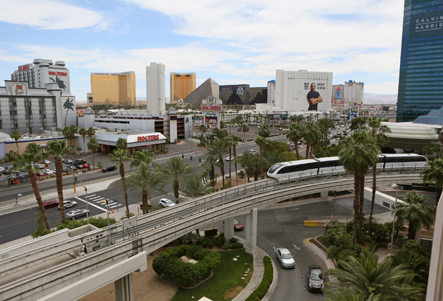 The Las Vegas Monorail runs past MGM Grand hotel-casino Thursday, June 2, 2016, in Las Vegas. Passengers can ride the Monorail from MGM Grand to SLS with stops along the way. (Ronda Churchill/Las ...