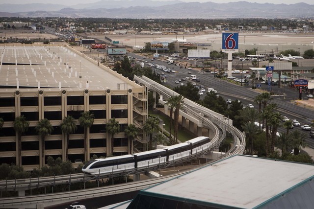 The Las Vegas Monorail as seen Wednesday, May 29, 2014, from the 15th floor of MGM Grand hotel-casino. The route of the monorail and its potential to transport workers on the Las Vegas Strip was o ...