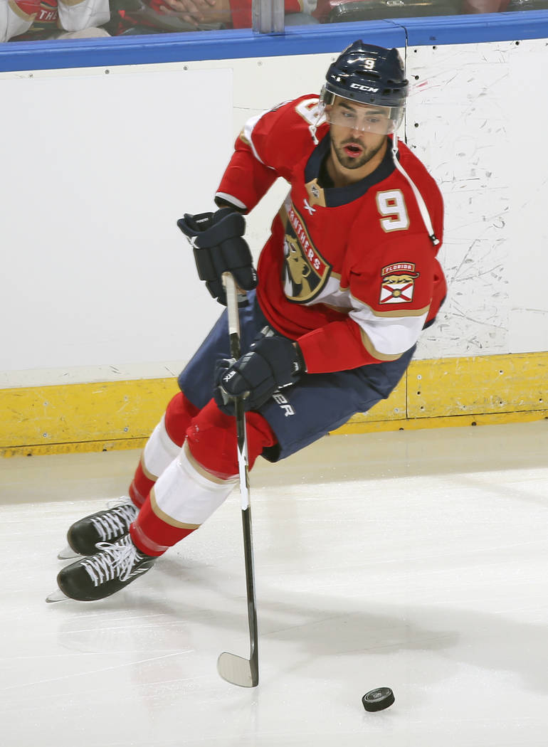 Florida Panthers forward Brandon Pirri (9) skates prior to an NHL preseason hockey game against the Tampa Bay Lightning, Thursday, Sept. 28, 2017, in Sunrise, Fla. The Panthers defeated the Lightn ...