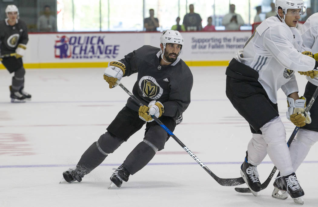 Vegas Golden Knights left defenseman Jason Garrison (7) in a scrimmage game during the NHL team's practice at the City National Arena in Las Vegas, Saturday, Sept. 16, 2017. Richard Brian Las Vega ...