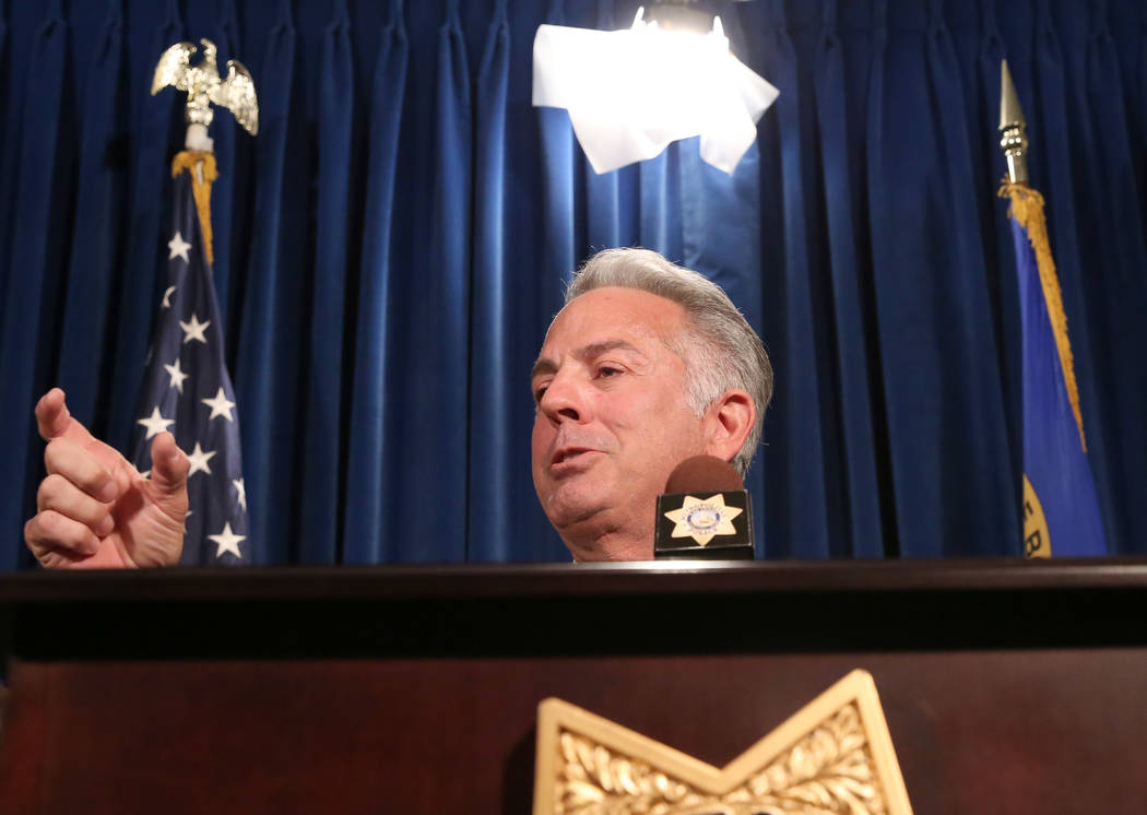 Sheriff Joe Lombardo speaks during a press conference at the Las Vegas Metropolitan Police Department headquarters Monday, Nov. 27, 2017, in Las Vegas. Las Vegas police joined by CNA, a nonprofit  ...